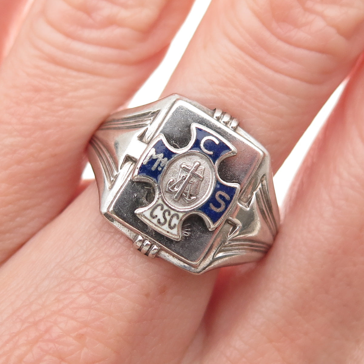 SK&F 925 Sterling Silver Antique Art Deco Enamel Catholic School Ring Size 10