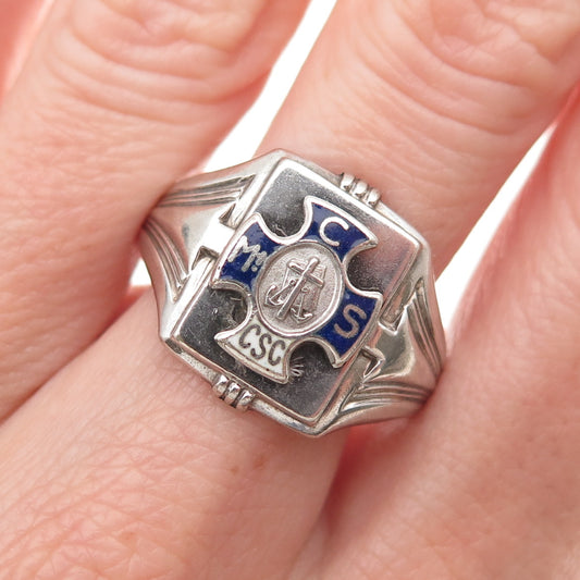 SK&F 925 Sterling Silver Antique Art Deco Enamel Catholic School Ring Size 10