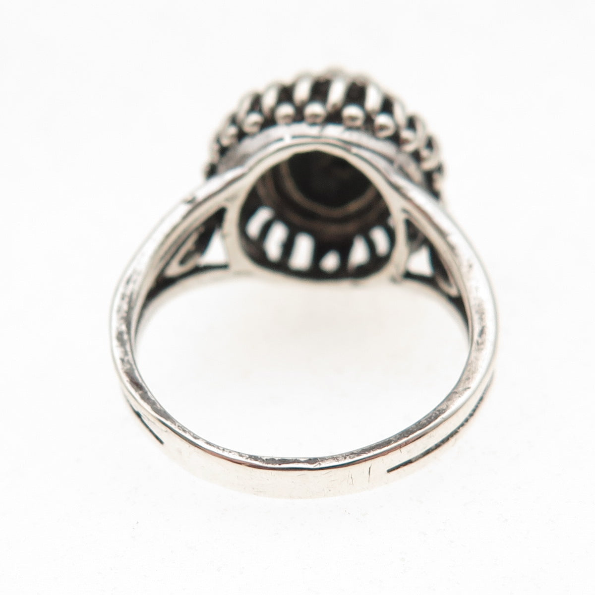 925 Sterling Silver Vintage Real Black Onyx Modernist Oxidized Ring Size 7.75