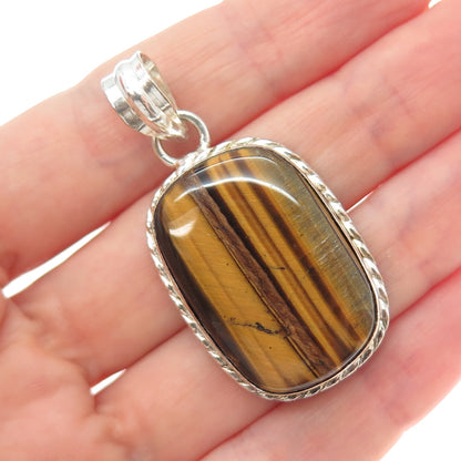 925 Sterling Silver Vintage Real Cabochon Tiger Eye Charm Pendant