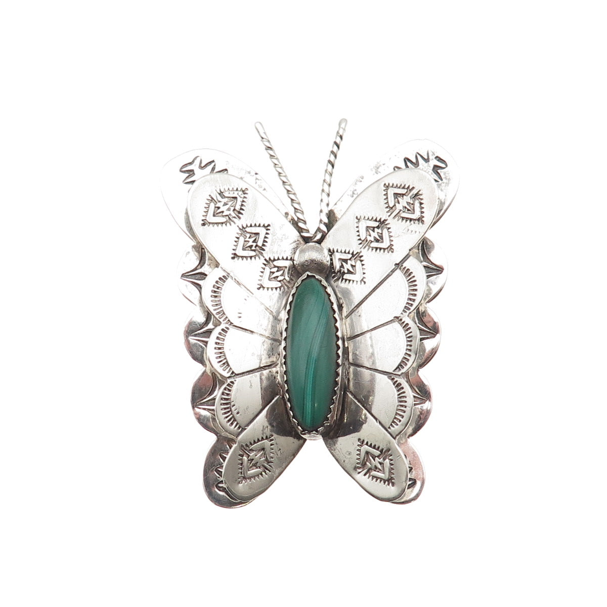 Old Pawn 925 Sterling Silver Vintage Southwestern Malachite Butterfly Pin Brooch