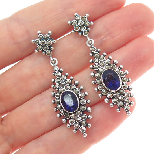 925 Sterling Silver Vintage Real Amethyst & Marcasite Oxidized Dangle Earrings