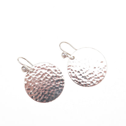 925 Sterling Silver Real Pearl Hammered Disc Dangle Earrings