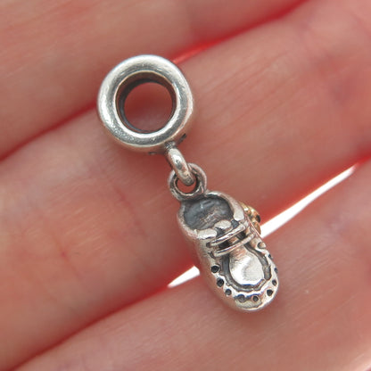 PANDORA Gold 925 Sterling Silver Blue C Z Baby Shoe Dangle Charm