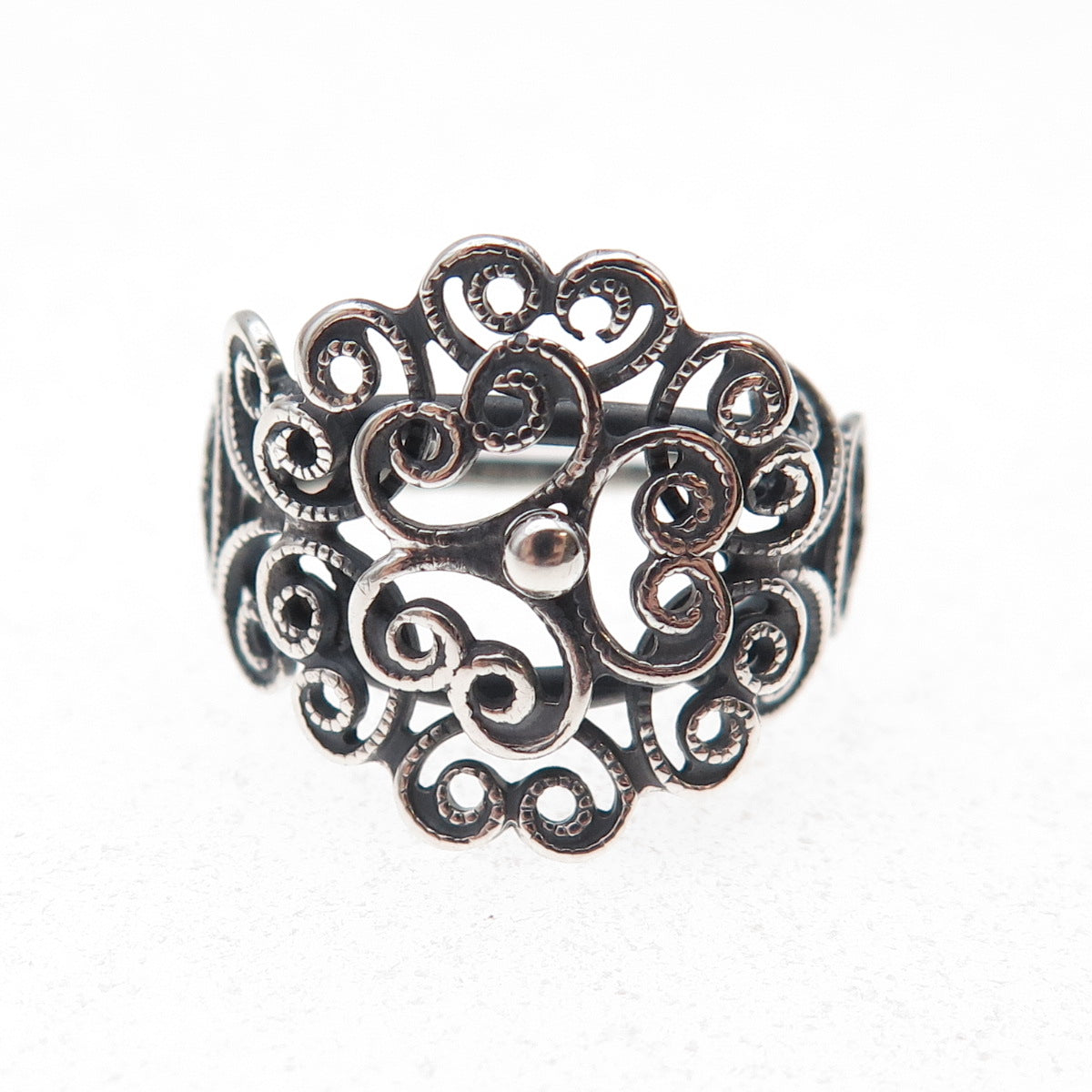 Beau Sterling Silver Antique Art Deco Floral Oxidized Adjustable Ring Size 5.25