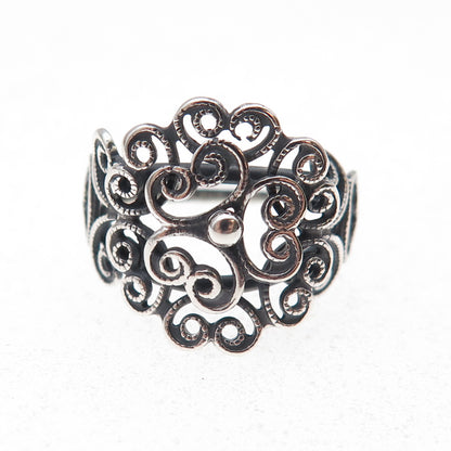 Beau Sterling Silver Antique Art Deco Floral Oxidized Adjustable Ring Size 5.25