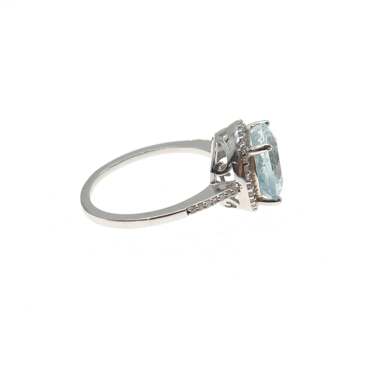 925 Sterling Silver Real Diamond Approx. 0.35ct & Aquamarine Gem Ring Size 7