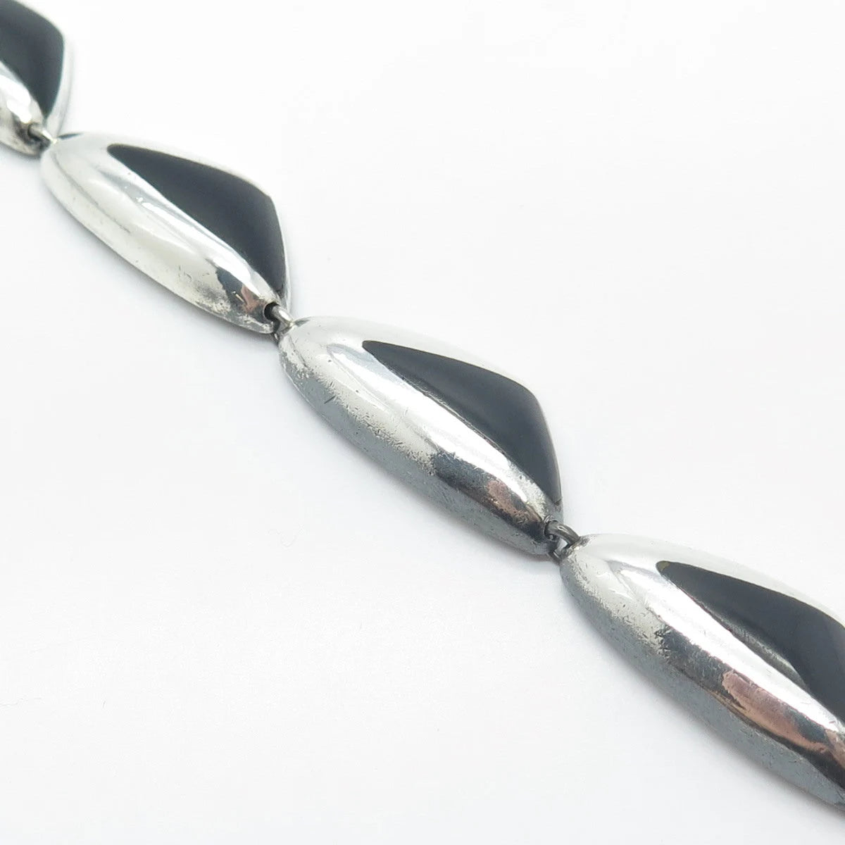 970 Silver Vintage MexicoJ. Gomes Black Onyx Gem Link Bracelet 6.75"