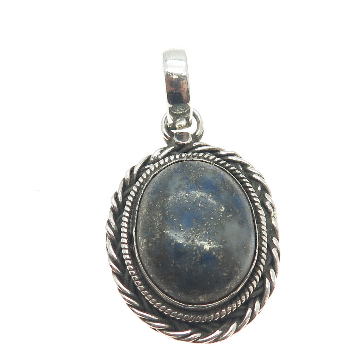 925 Sterling Silver Vintage Real Cabochon Lapis Lazuli Roped Oxidized Pendant