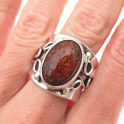 925 Sterling Silver Vintage Poland Real Amber Modernist Oxidized Ring Size 8