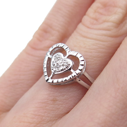 925 Sterling Silver Real Round-Cut Diamond Heart Ring Size 5.75