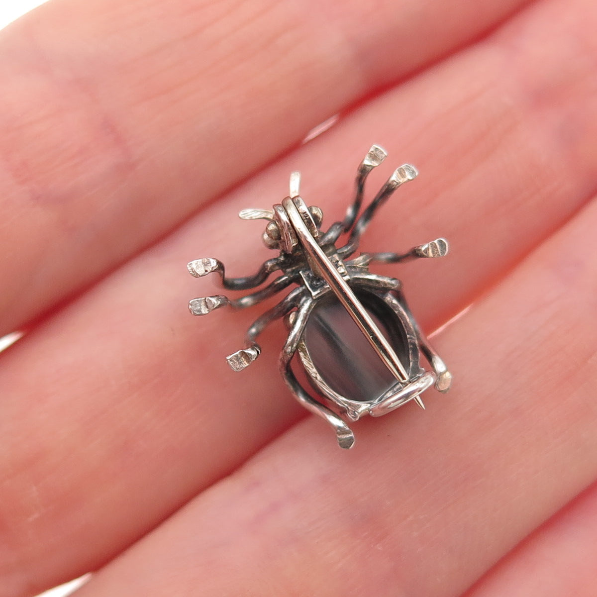 835 Silver Antique Art Deco Real Hematite Spider Oxidized 3D Mini Pin Brooch