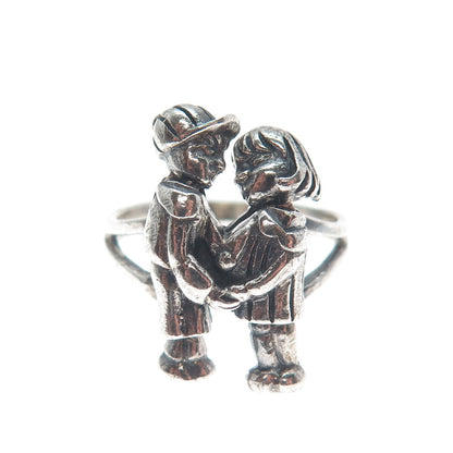 925 Sterling Silver Vintage Boy & Girl Couple Movable Heads Ring Size 6.5