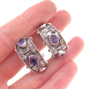 800 Silver Vintage Real Amethyst Modernist Oxidized Clip On Hoop Earrings
