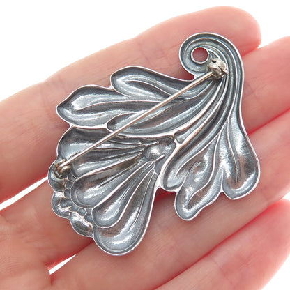 925 Sterling Silver Vintage Flower Leaf Ribbed Oxidized Pin Brooch