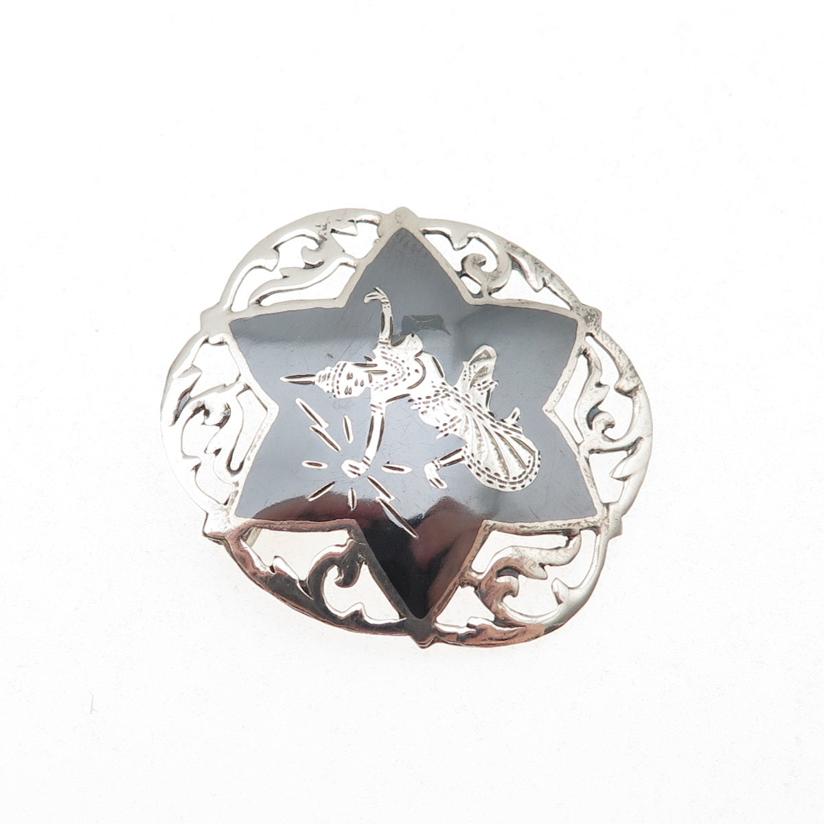 925 Sterling Silver Antique Siam Niello Hindu Goddess Oxidized Pin Brooch