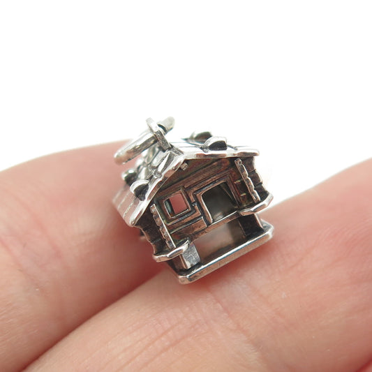 925 Sterling Silver Vintage Log Cabin 3D Charm Pendant