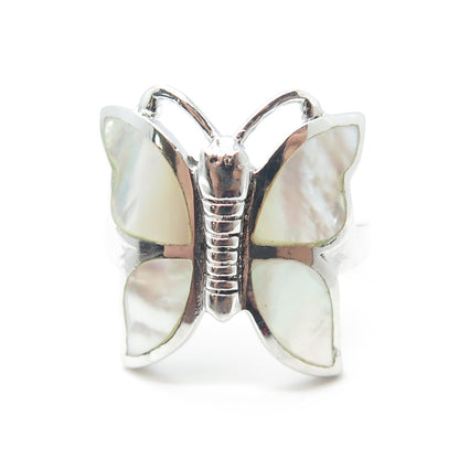 925 Sterling Silver Vintage Mother-of-Pearl Butterfly Ring Size 7.75