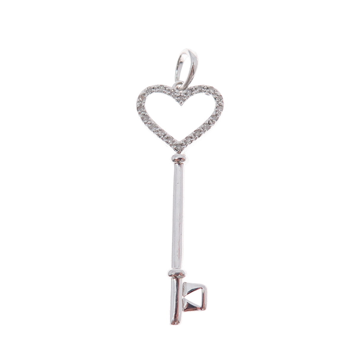 925 Sterling Silver Real Round-Cut Diamond Heart Key Charm Pendant