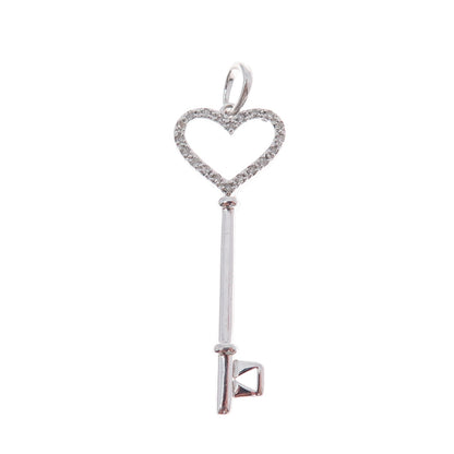 925 Sterling Silver Real Round-Cut Diamond Heart Key Charm Pendant