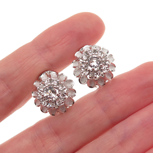 925 Sterling Silver Vintage Round-Cut Rhinestone Clip On Earrings