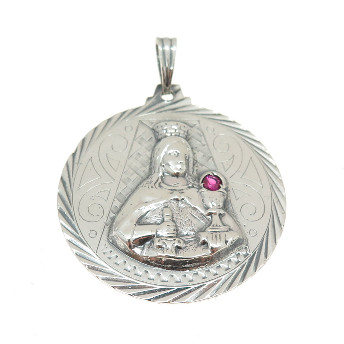 925 Sterling Silver Vintage Lab-Created St. Mary Religious Pendant