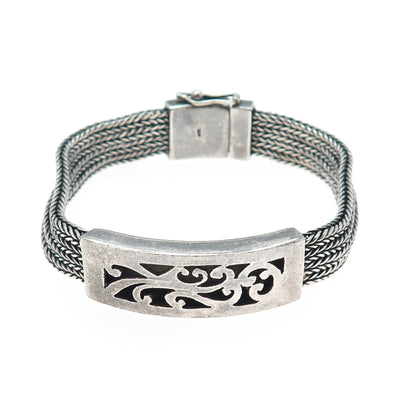 925 Sterling Silver Vintage Floral Scroll Oxidized Spiga Link Bracelet 7.75"