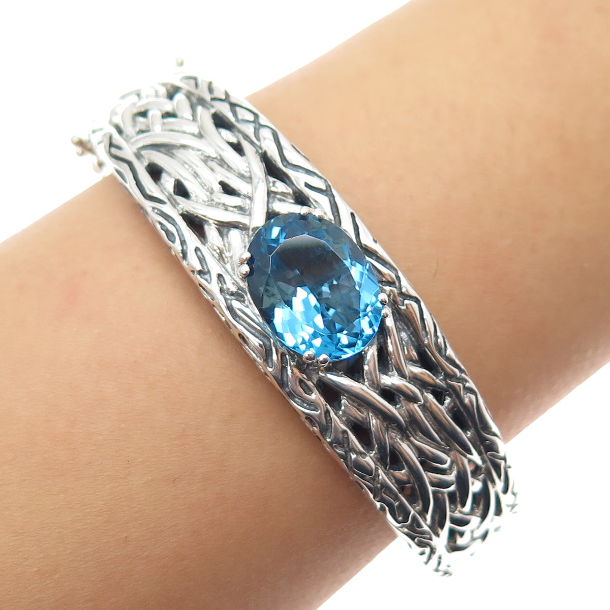 EFFY 925 Sterling Silver Real Blue Topaz Lagoon Bangle Bracelet 7"