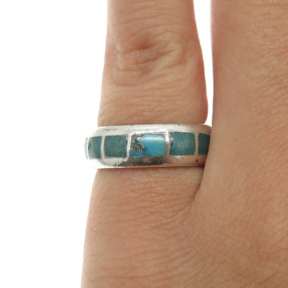 Old Pawn Sterling Silver Southwestern Real Turquoise Wedding Band Ring Size 5.5