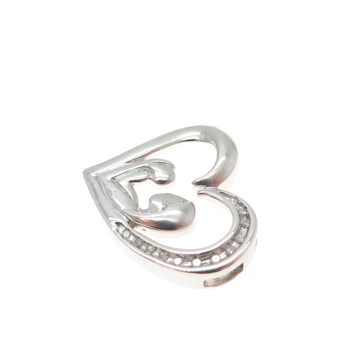 925 Sterling Silver Real Diamond Mom & Child Heart Minimalist Slide Pendant