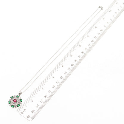 925 Sterling Silver Multi-Color C Z Floral Cable Chain Necklace 18"