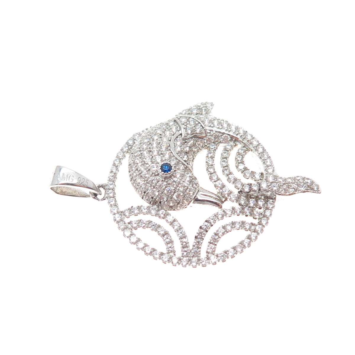 925 Sterling Silver Round-Cut Blue & White C Z Dolphin Charm Pendant