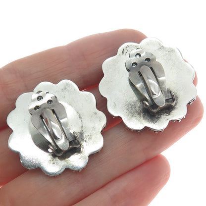 925 Sterling Silver Vintage Mexico Cannetille Floral Oxidized Clip On Earrings
