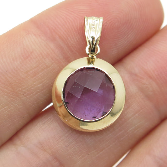 14K Yellow Gold Real Round-Cut Amethyst Disc Charm Pendant