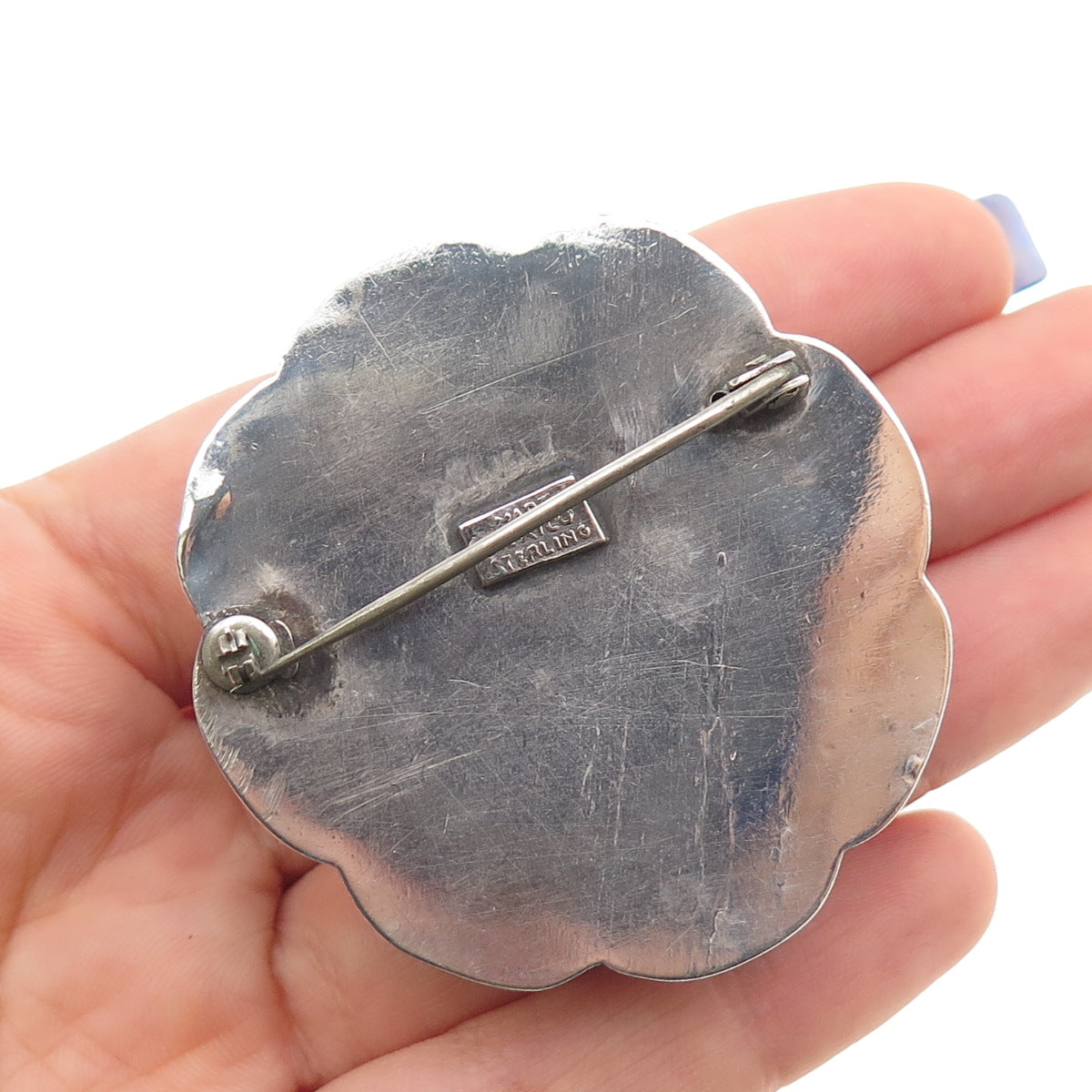 925 Sterling Silver Vintage Mexico Real Turquoise Flower Oxidized Pin Brooch
