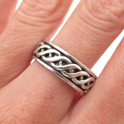 925 Sterling Silver Vintage Woven Oxidized Rotating Band Ring Size 8.75