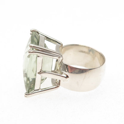 925 Sterling Silver Real Emerald-Cut Green Amethyst Statement Ring Size 6.5