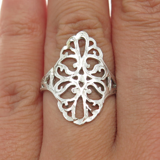 925 Sterling Silver Vintage Ornate Floral Art Deco Style Ring Size 7