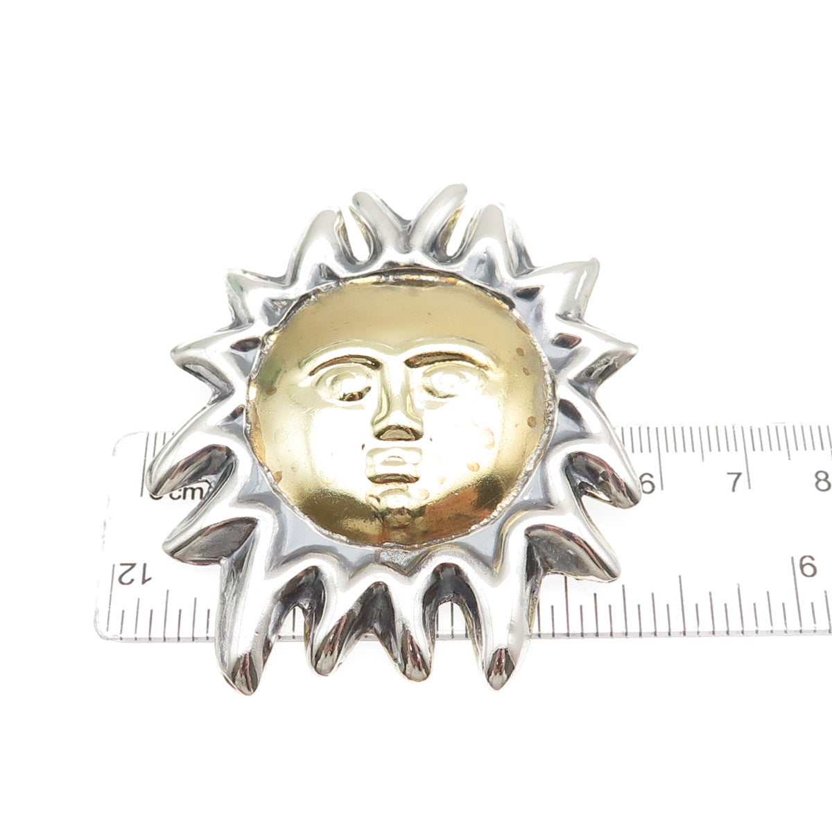 925 Sterling Silver 2-Tone Vintage Mexico Sun Face Pin Brooch