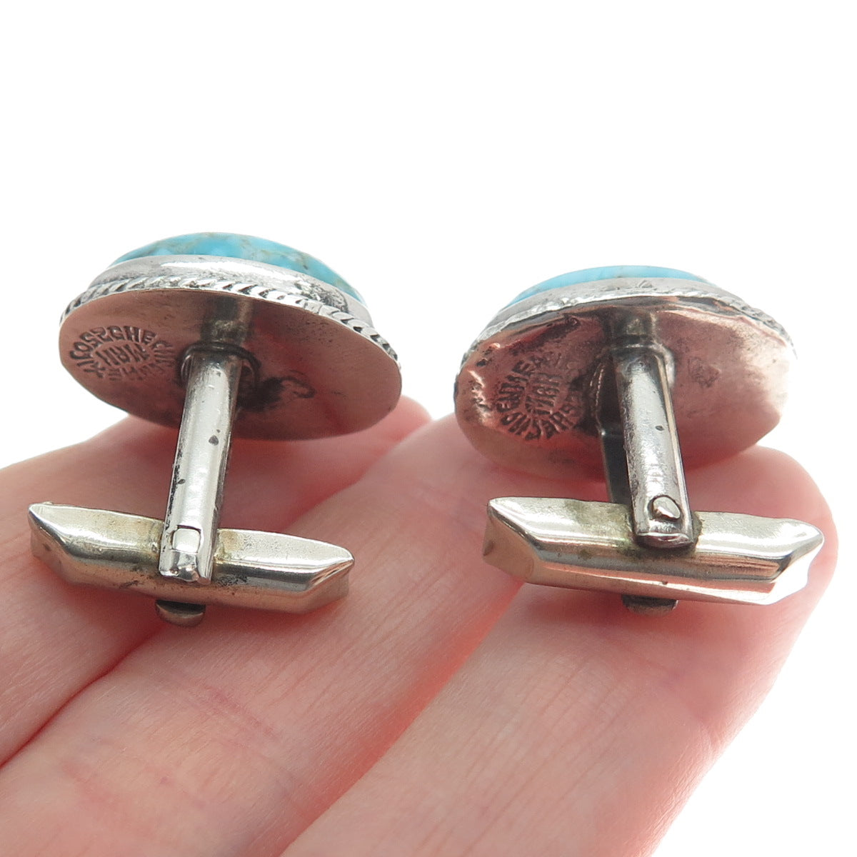 925 Sterling Silver Vintage Mexico Faux Turquoise Oxidized Cufflinks