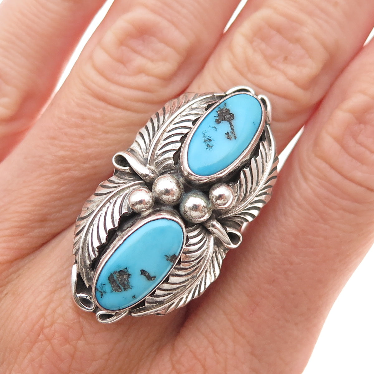 Felix Perry Old Pawn 925 Sterling Silver Vintage Turquoise Feather Ring Size 7