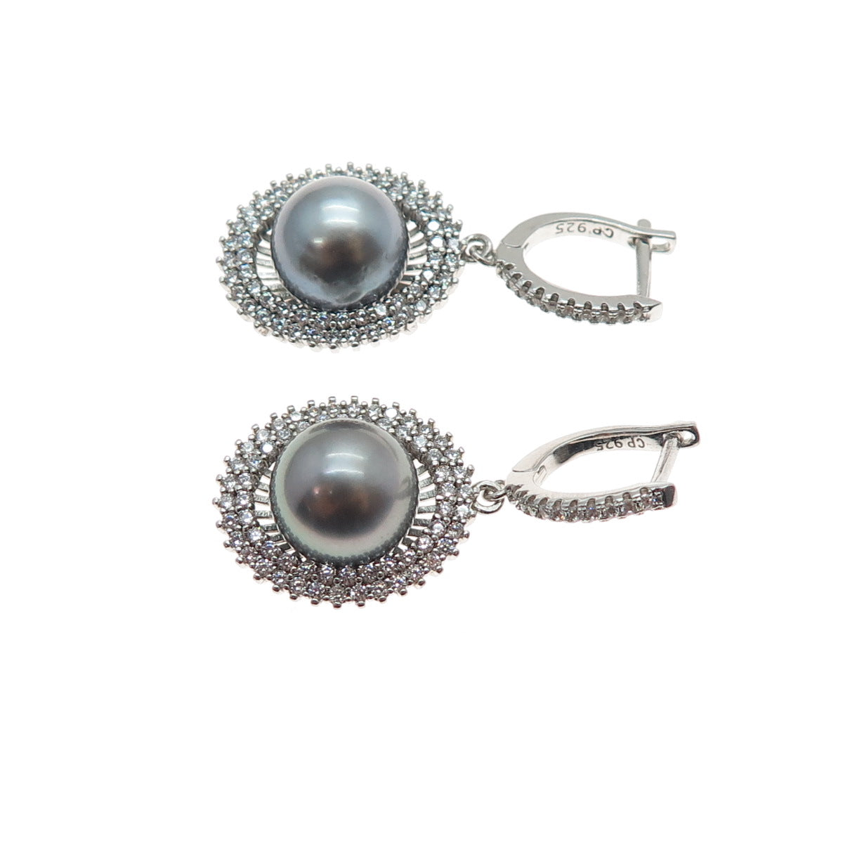 925 Sterling Silver Real Tahitian Pearl & C Z Dangle Earrings