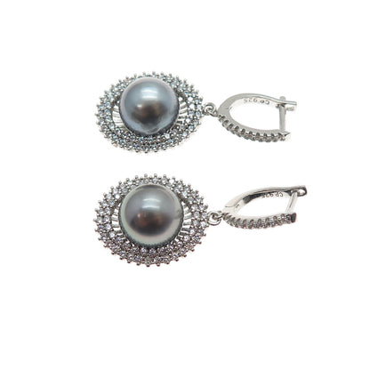 925 Sterling Silver Real Tahitian Pearl & C Z Dangle Earrings