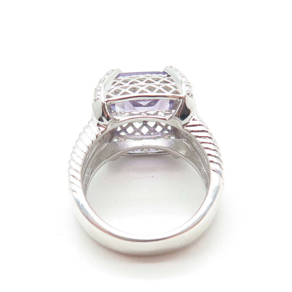 925 Sterling Silver Real Cushion-Cut Amethyst & White Topaz Ring Size 7