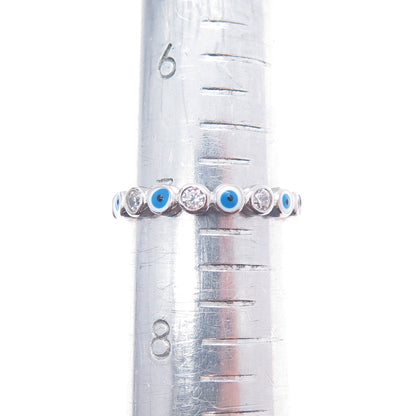 925 Sterling Silver Enamel & C Z Evil's Eye All Around Band Ring Size 7