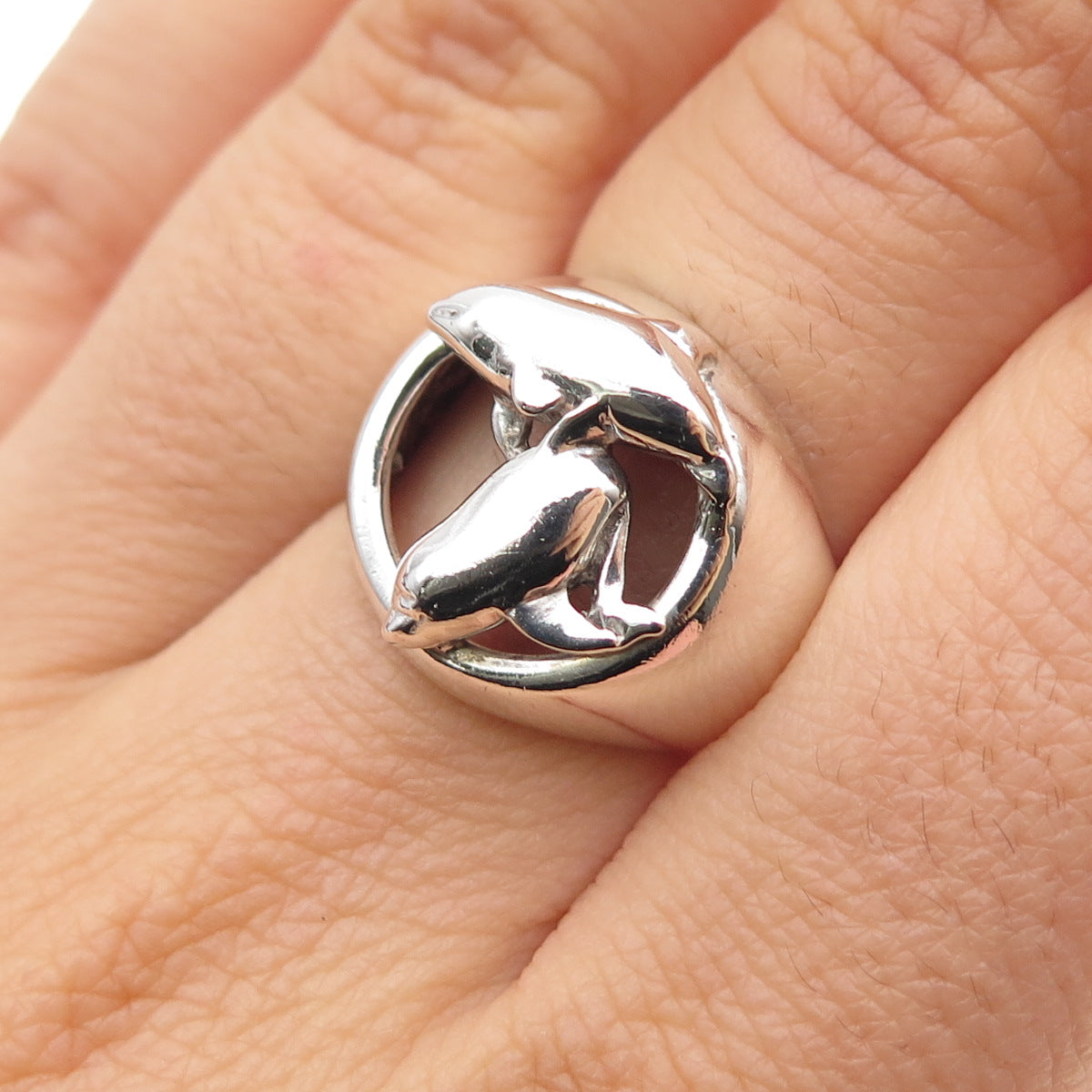 925 Sterling Silver Vintage Modernist Dolphin Ring Size 6.75