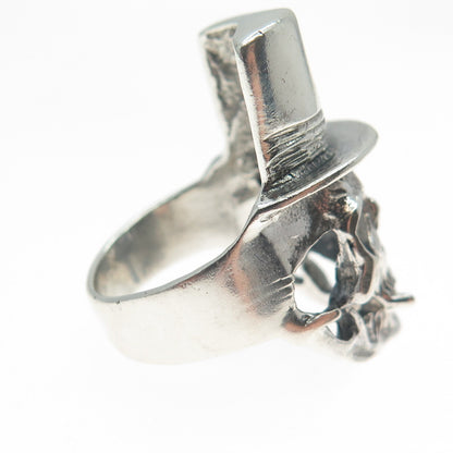 925 Sterling Silver Vintage Skull & Hat Oxidized Biker Ring Size 7.25