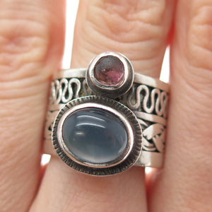 925 Sterling Silver Vintage Real Moonstone & Tourmaline Modernist Ring Size 8.75