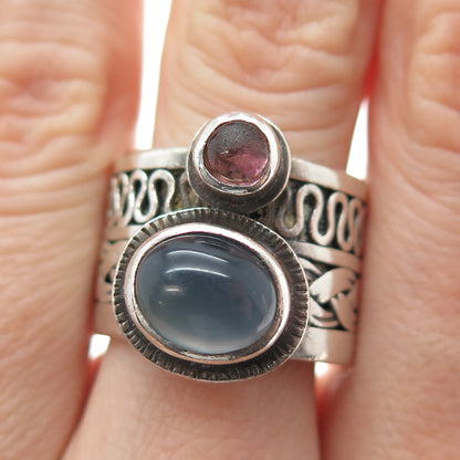 925 Sterling Silver Vintage Real Moonstone & Tourmaline Modernist Ring Size 8.75