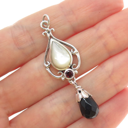 SX SALLY C Sterling Silver Vintage Real Black Onyx Red Garnet MOP Charm Pendant